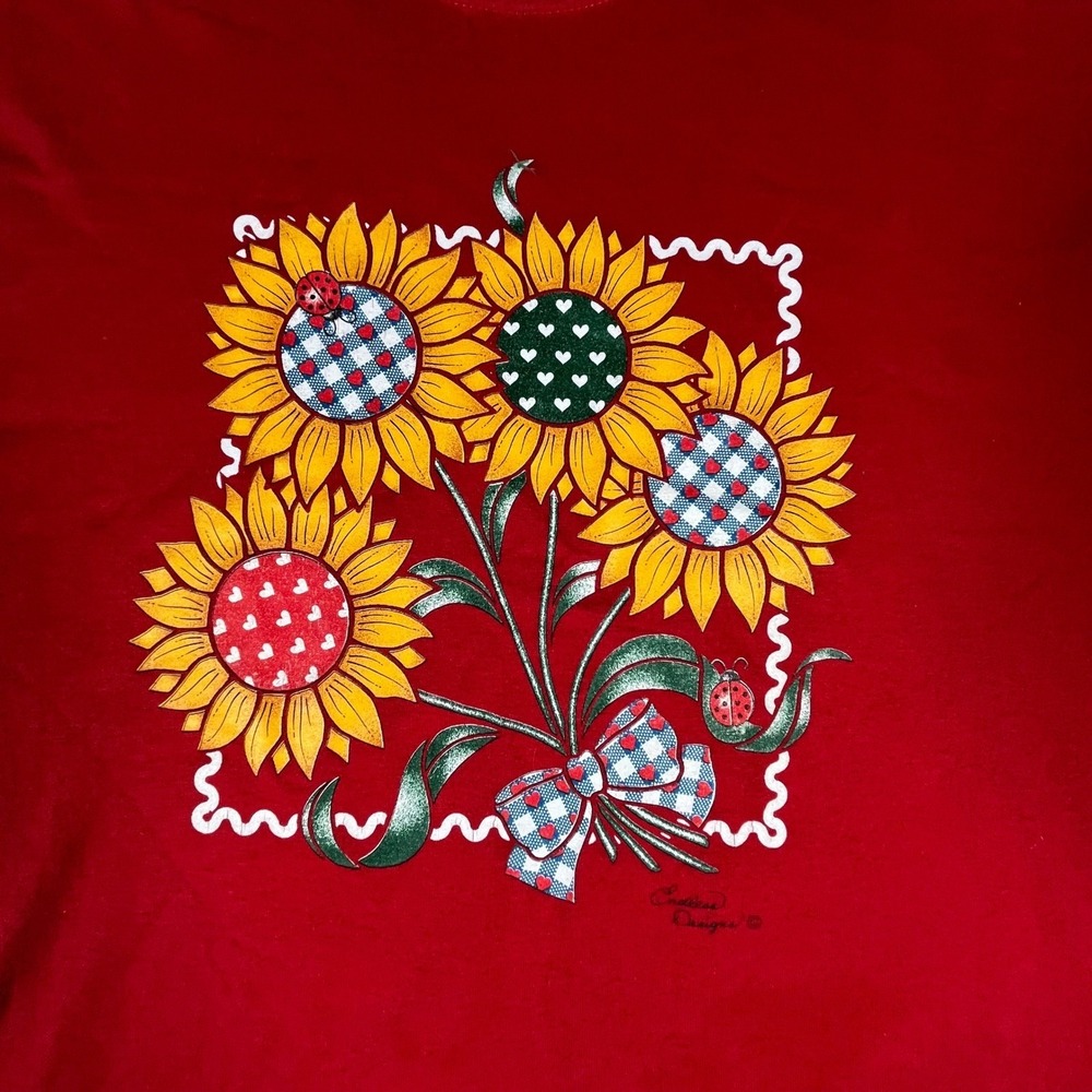 Pleasant Shade T-Shirt Womens Size Large Red Sunflower Graphic Mock Neck USA